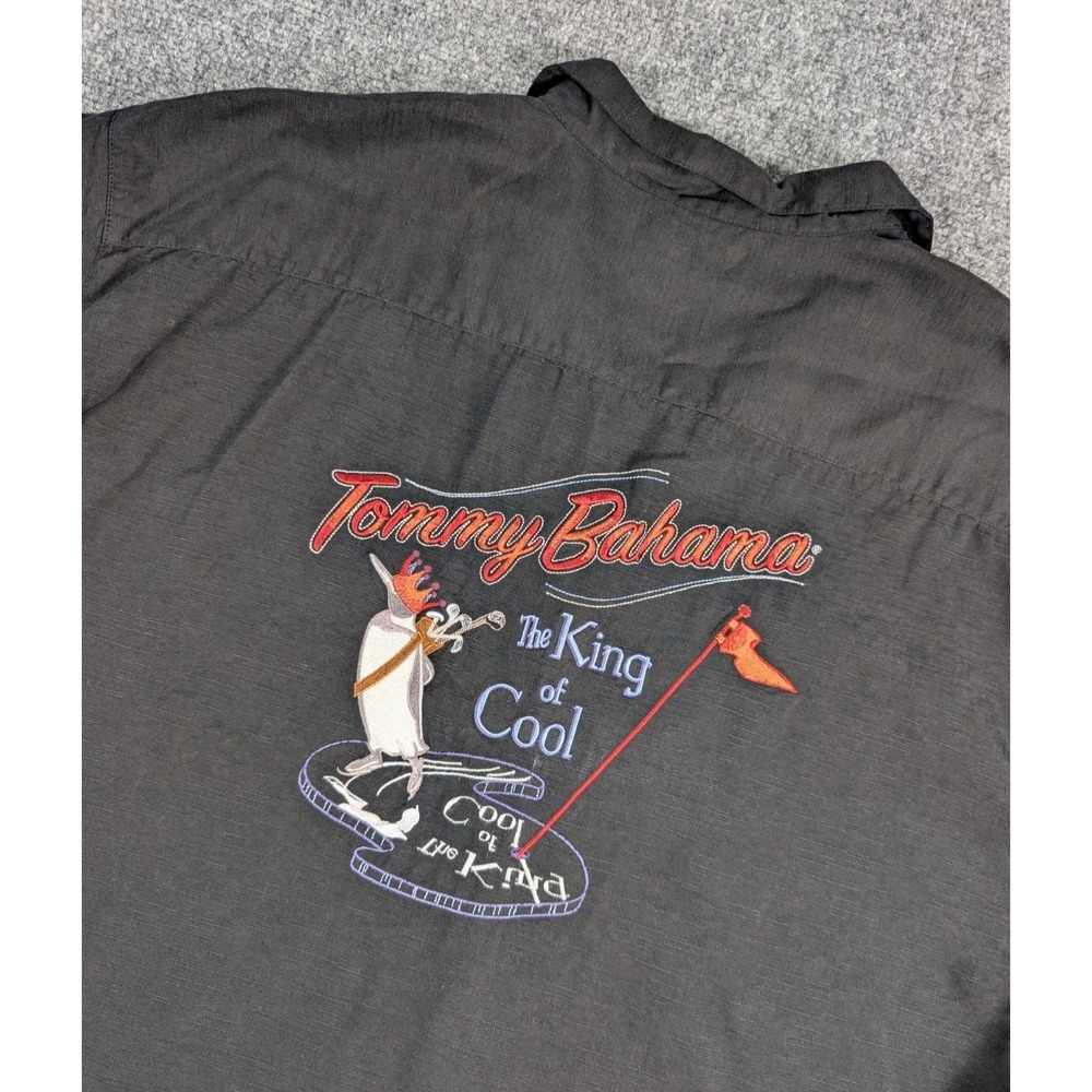 Tommy Bahama Silk Shirt Mens XL Black King of Cool Embroidered Hawaiian Silk